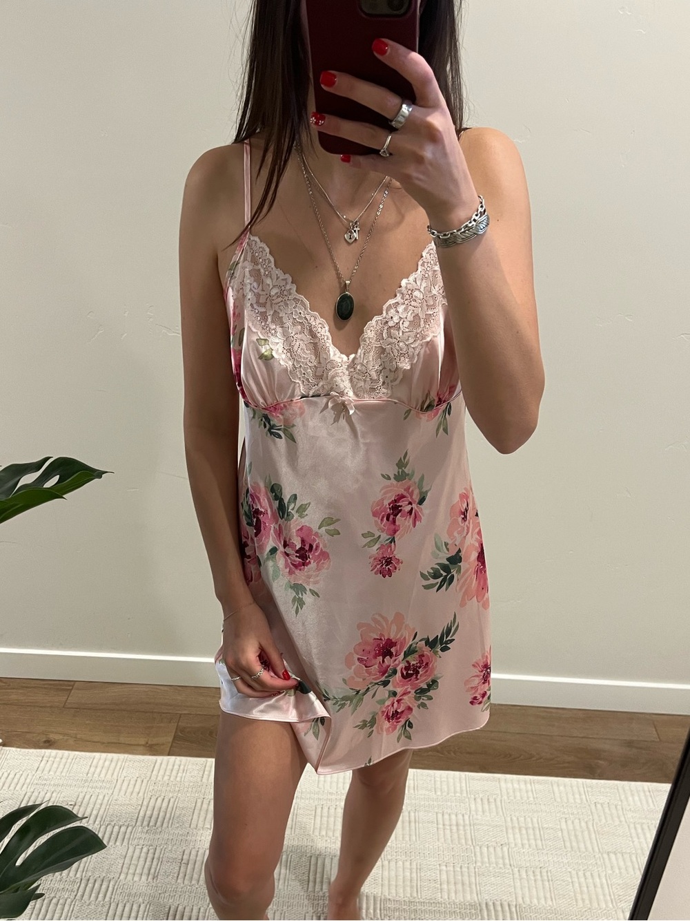 Thalia Sodi Pink Floral Satin Lace-Trim Chemise